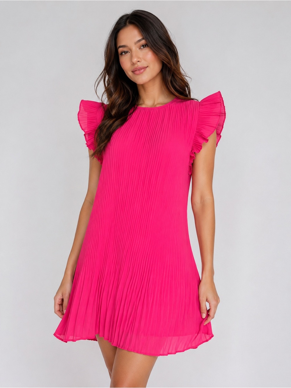 NWOT Bright Fuchsia Pleated Mini Dress with Flutter Sleeves, Large or XLarge